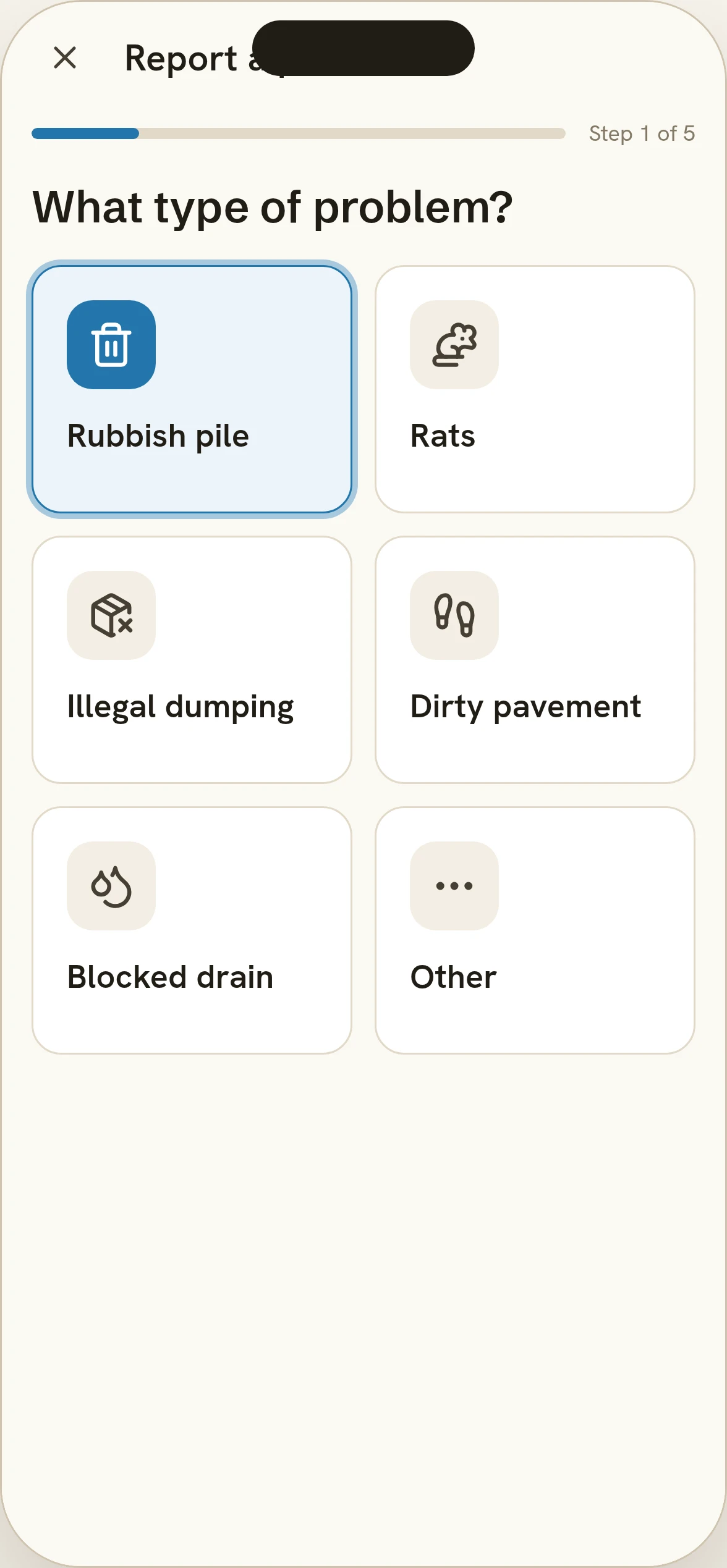 Nadif Malti report flow step 1: What type of problem, Rubbish pile selected