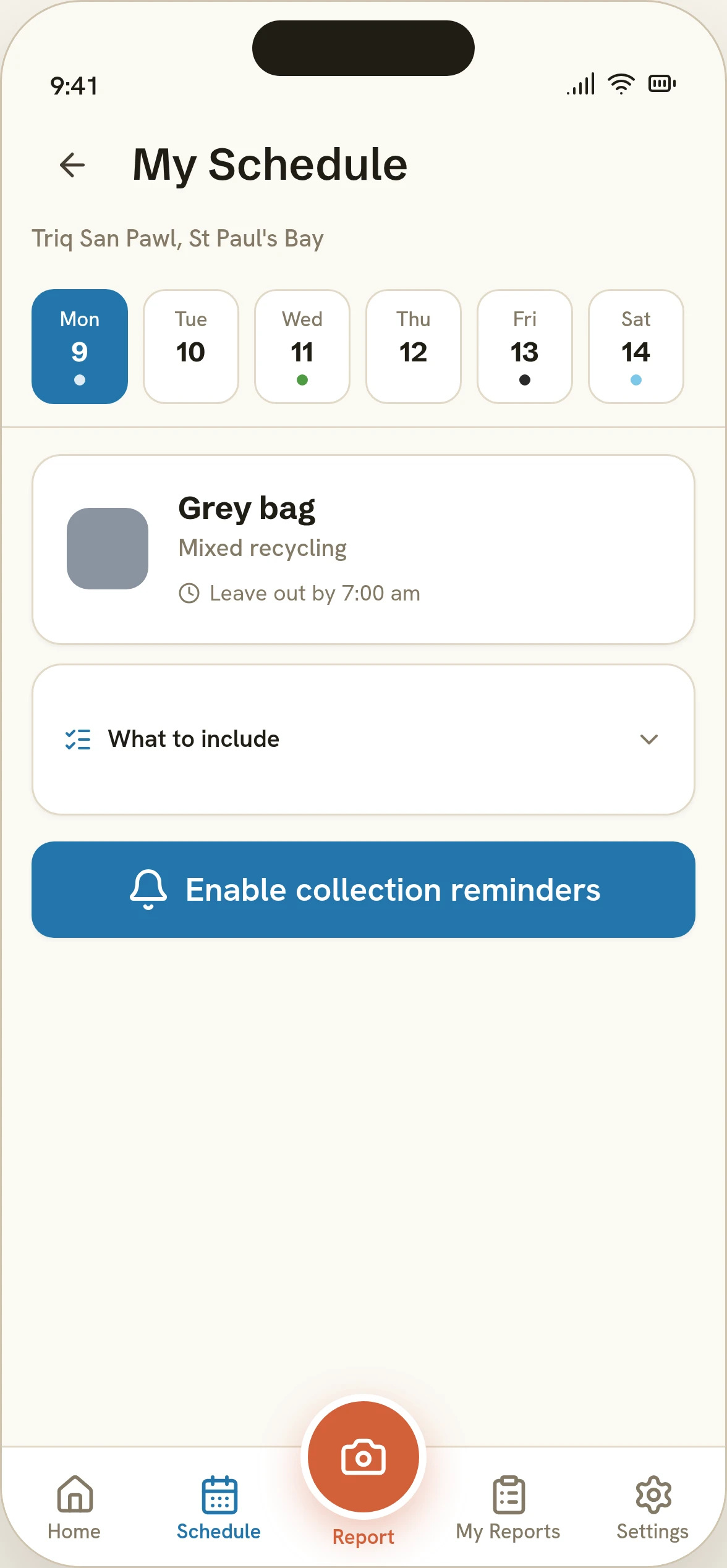 Nadif Malti Schedule: a seven-day strip with colour-coded collection days