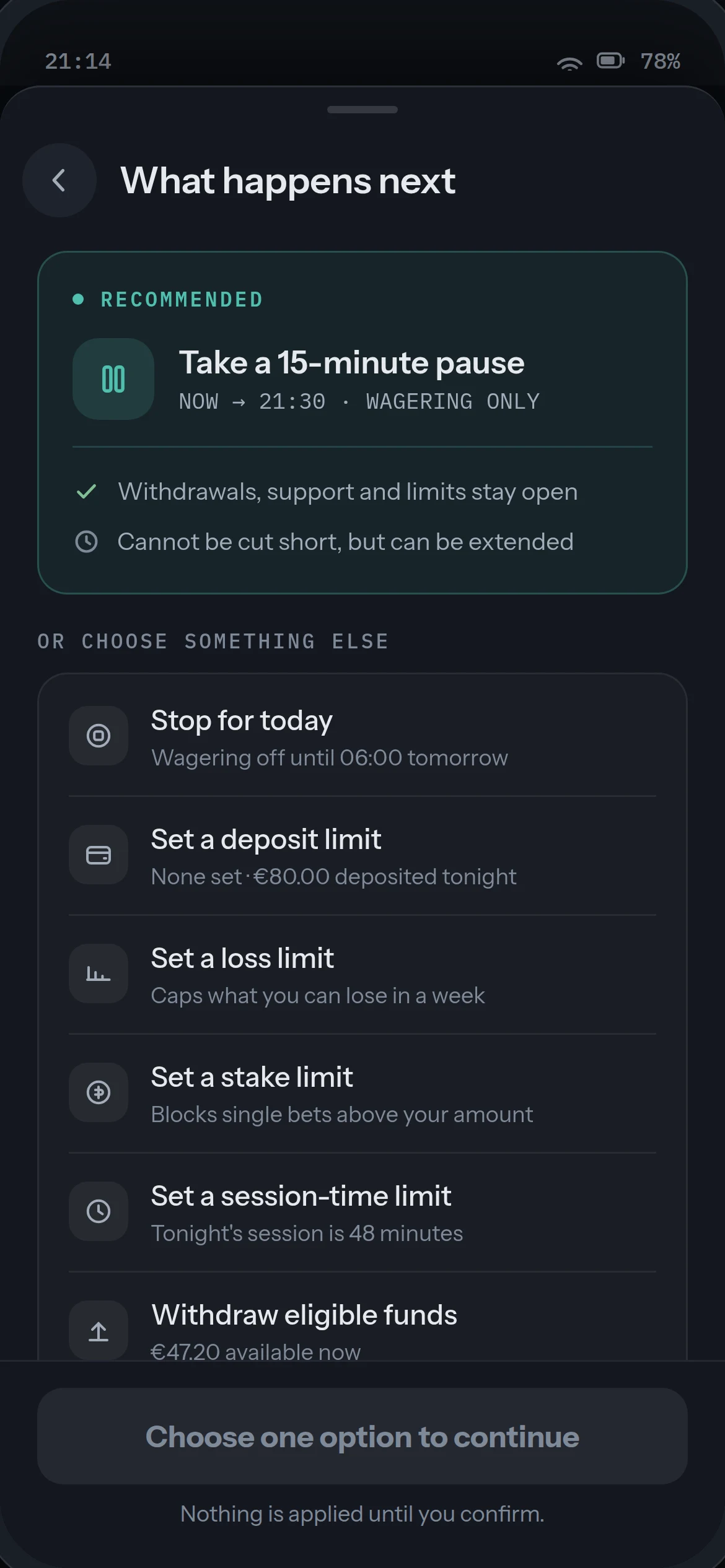 Play Check-in control selection: 15-minute pause recommended, eight alternatives listed