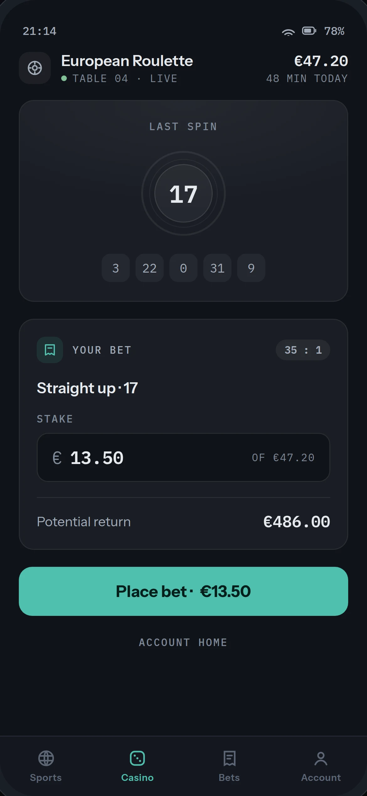 Play Check-in bet slip: European Roulette, straight up 17, €13.50 stake prepared