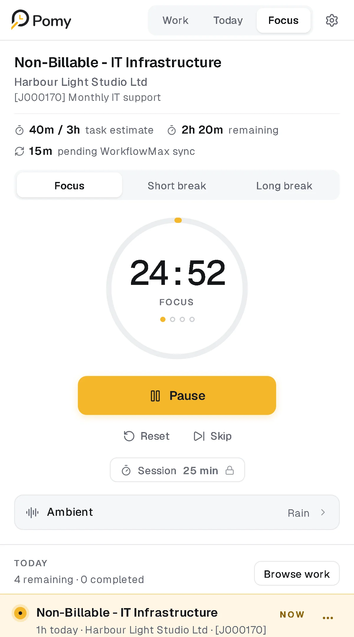 Pomy Focus running a 25-minute session for a WorkflowMax task