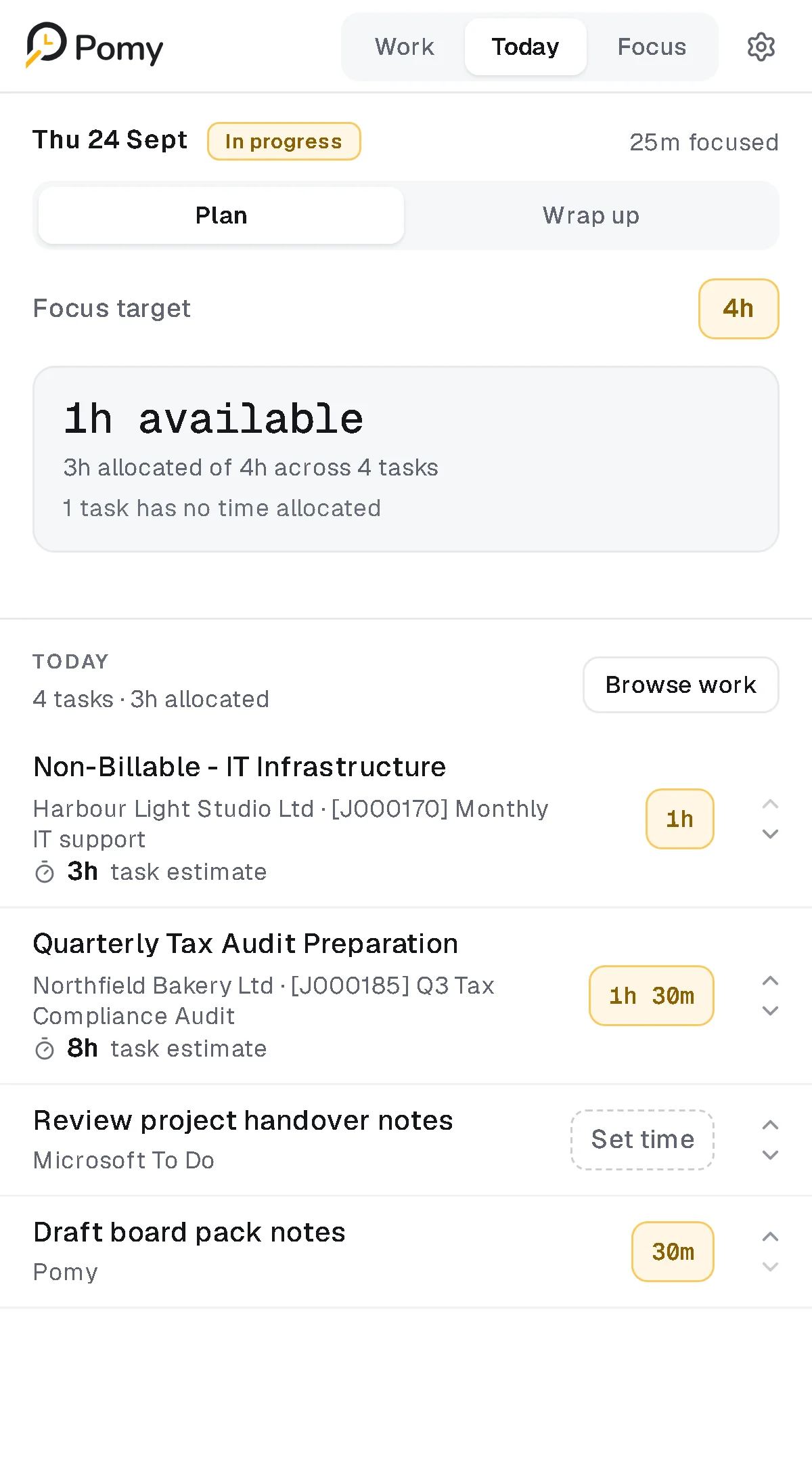 Pomy Today plan with four tasks and one hour available in a four-hour focus target