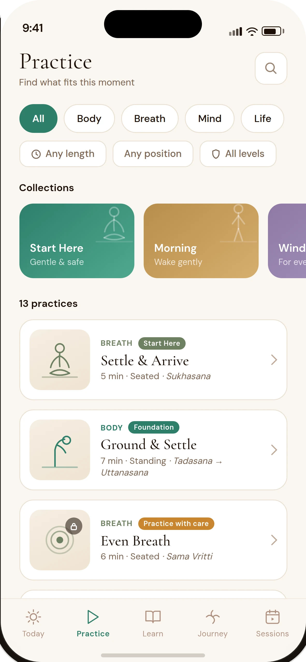 Sahaja Practice library: 13 practices filtered by domain, with Start Here and Morning collections