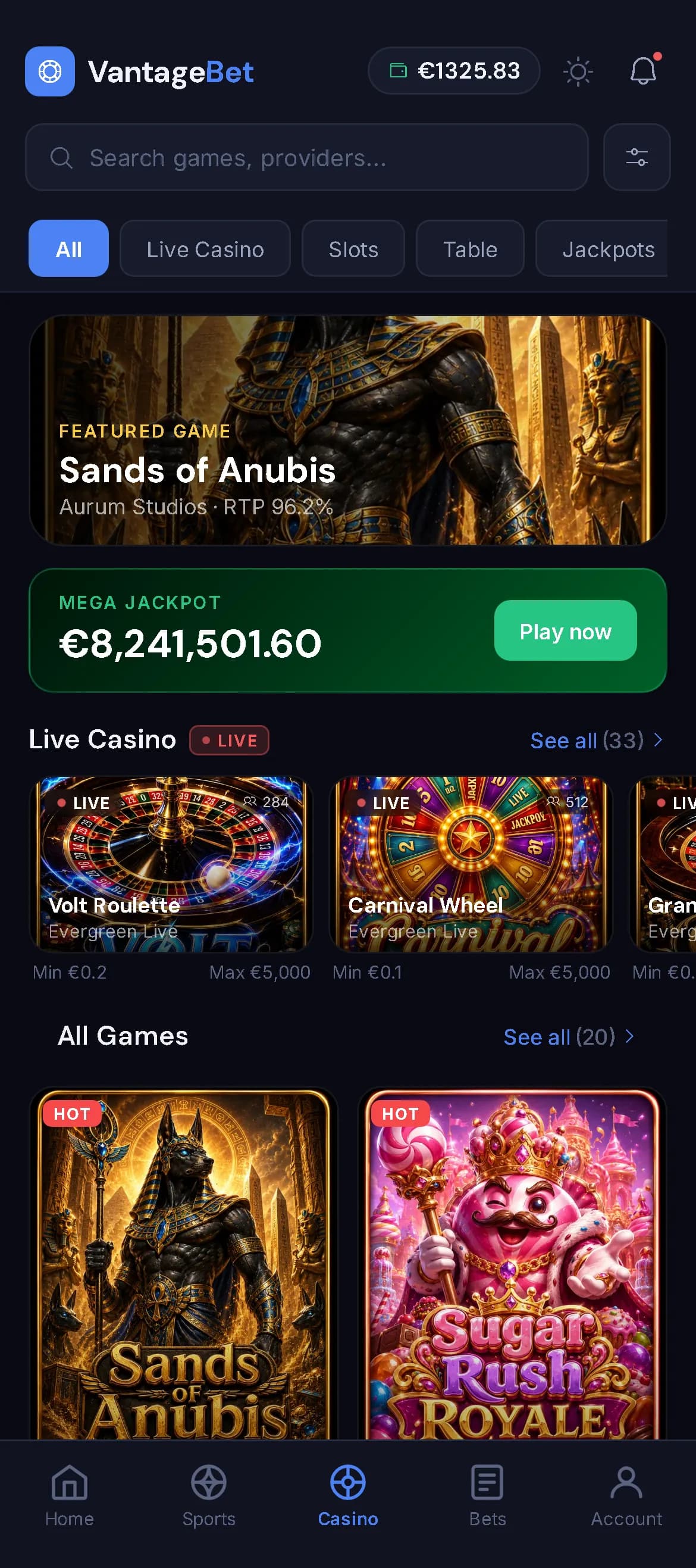 VantageBet Casino lobby: featured Sands of Anubis, Mega Jackpot, live tables and the game grid