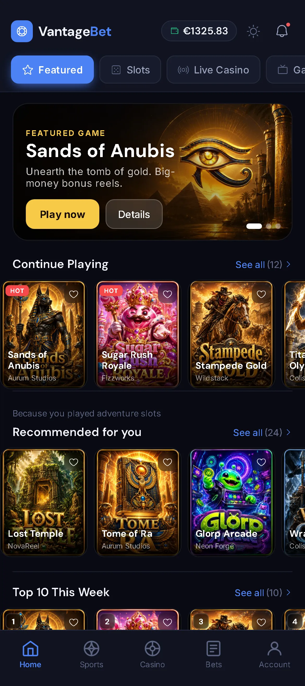 VantageBet Home: casino feed with a Sands of Anubis banner, Continue Playing and Recommended games