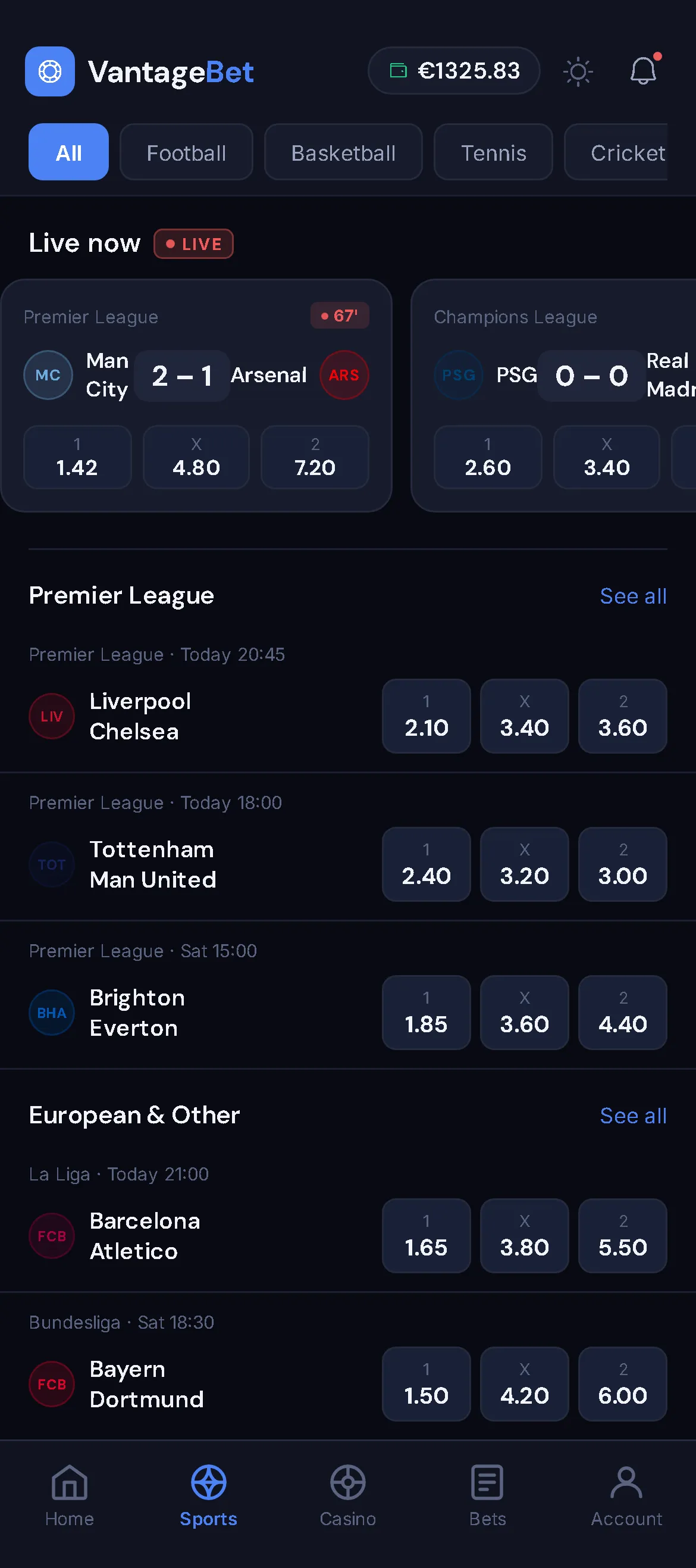 VantageBet Sports: Live now rail with Man City 2–1 Arsenal and upcoming fixtures with 1-X-2 prices