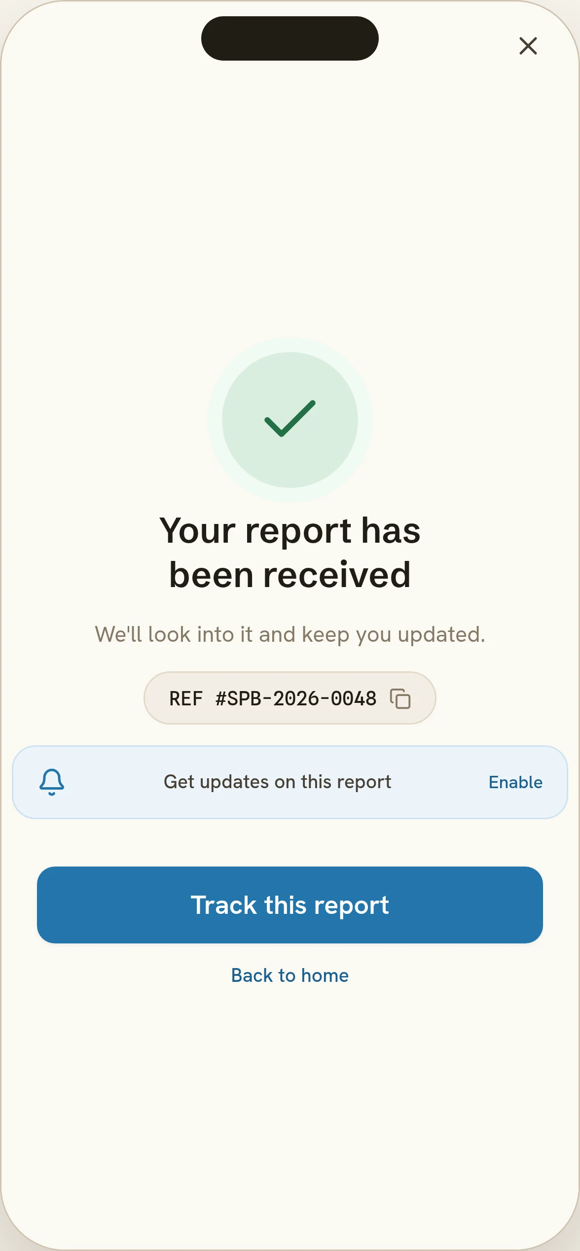 Nadif Malti report flow: Your report has been received, reference SPB-2026-0048