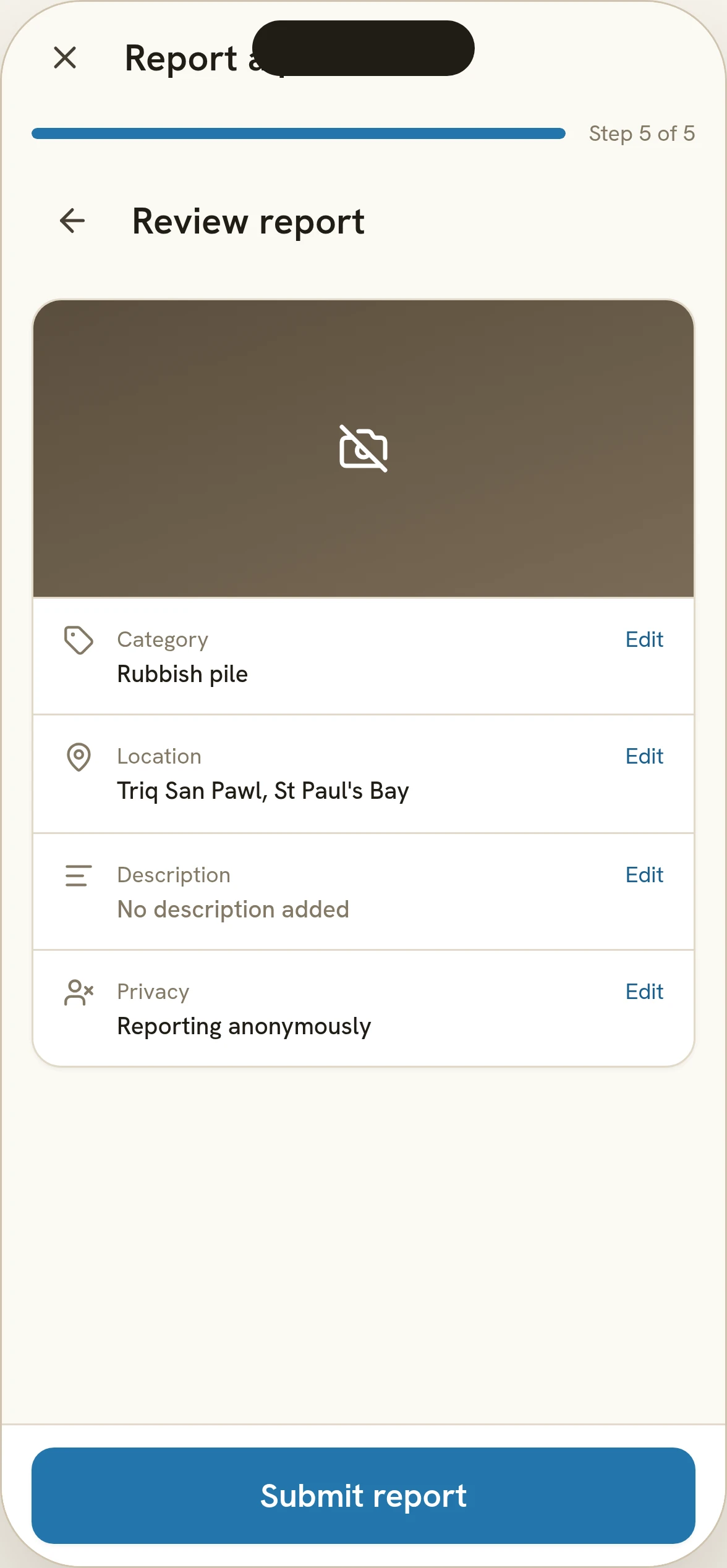Nadif Malti report flow step 5: review screen with photo, category, location, note and privacy