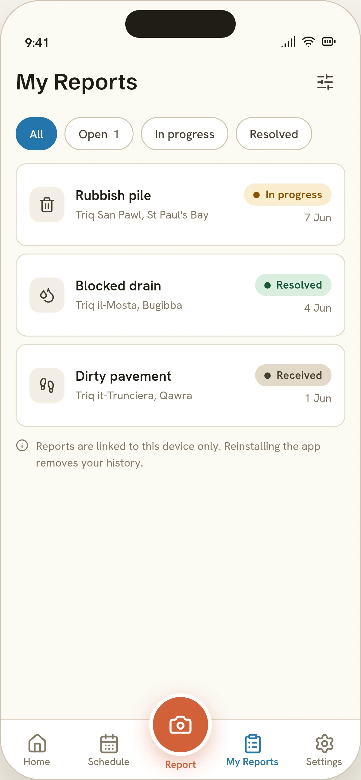 Nadif Malti My Reports: Rubbish pile in progress, Blocked drain resolved, Dirty pavement received