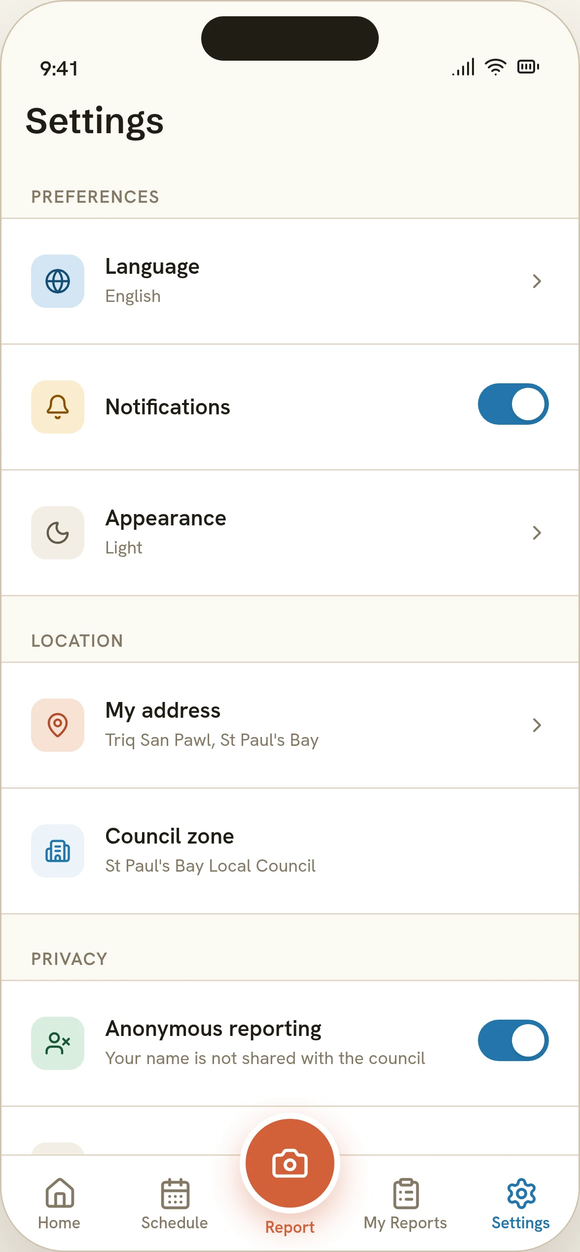 Nadif Malti Settings: anonymous reporting toggle on, labelled Your name is not shared with the council