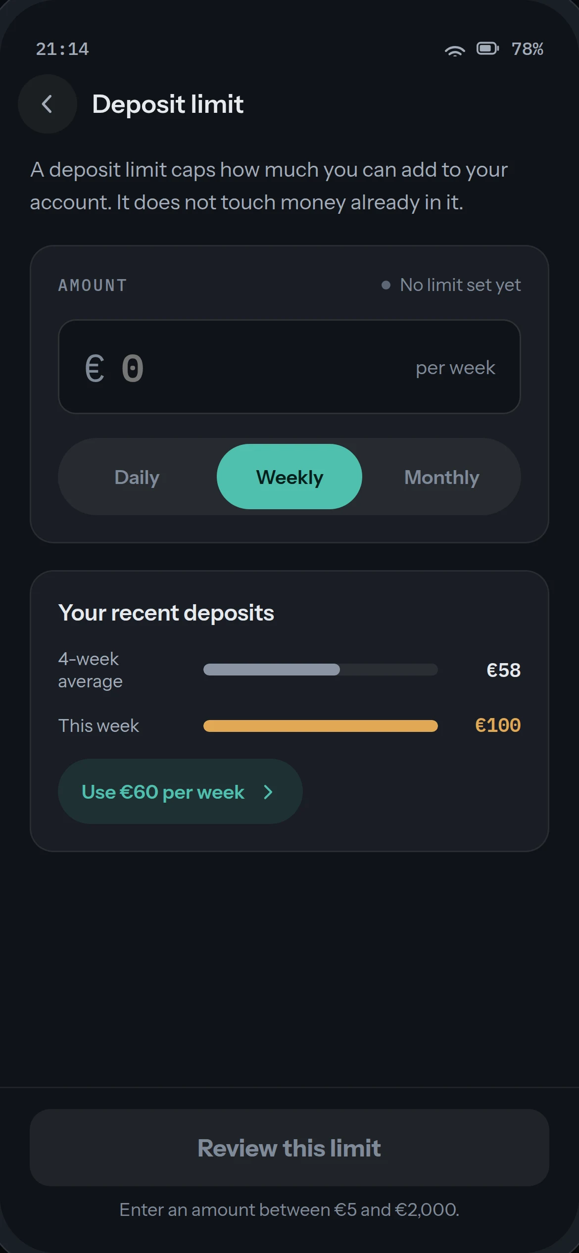 Play Check-in deposit limit screen: amount entry, daily/weekly/monthly frequency, recent deposits
