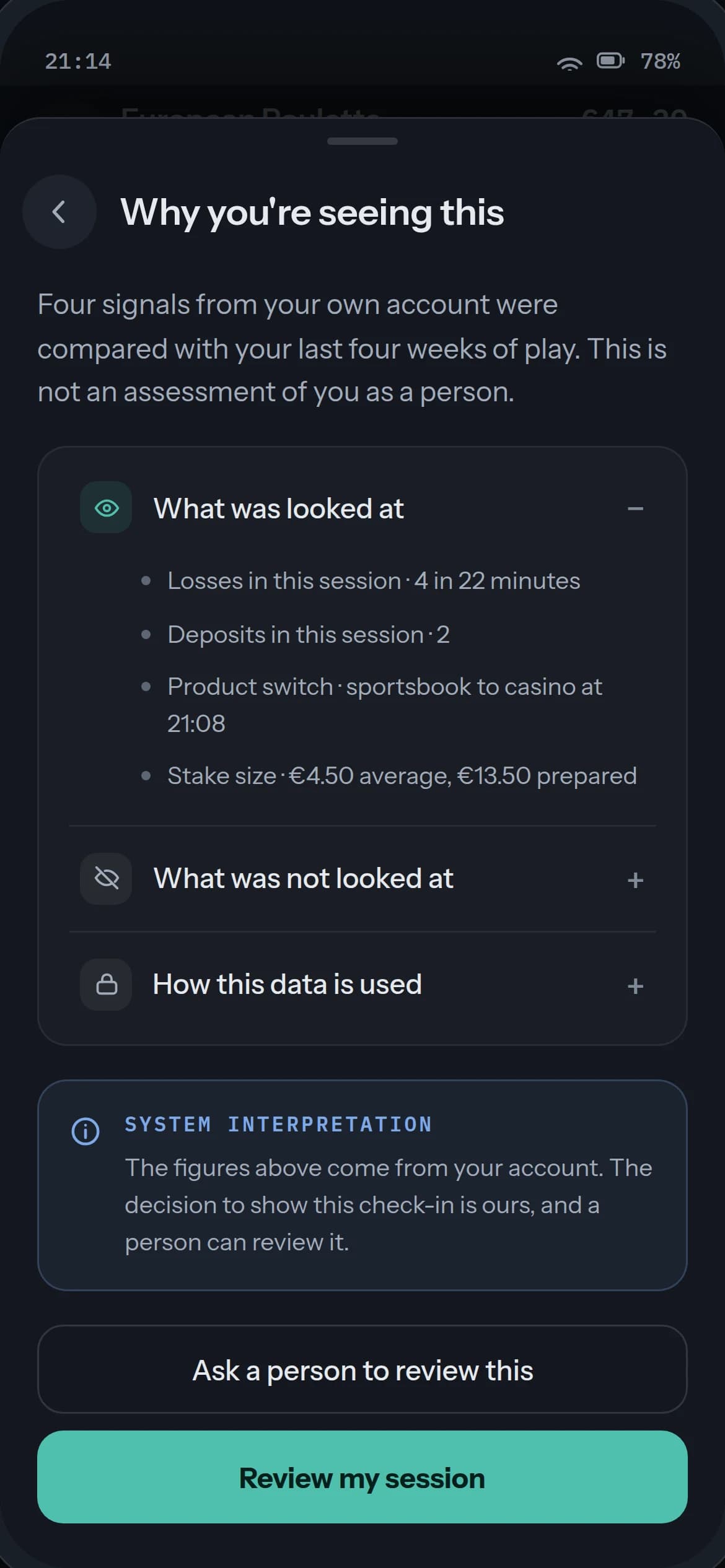 Play Check-in Why screen: what was looked at, four bullet signals, system interpretation banner