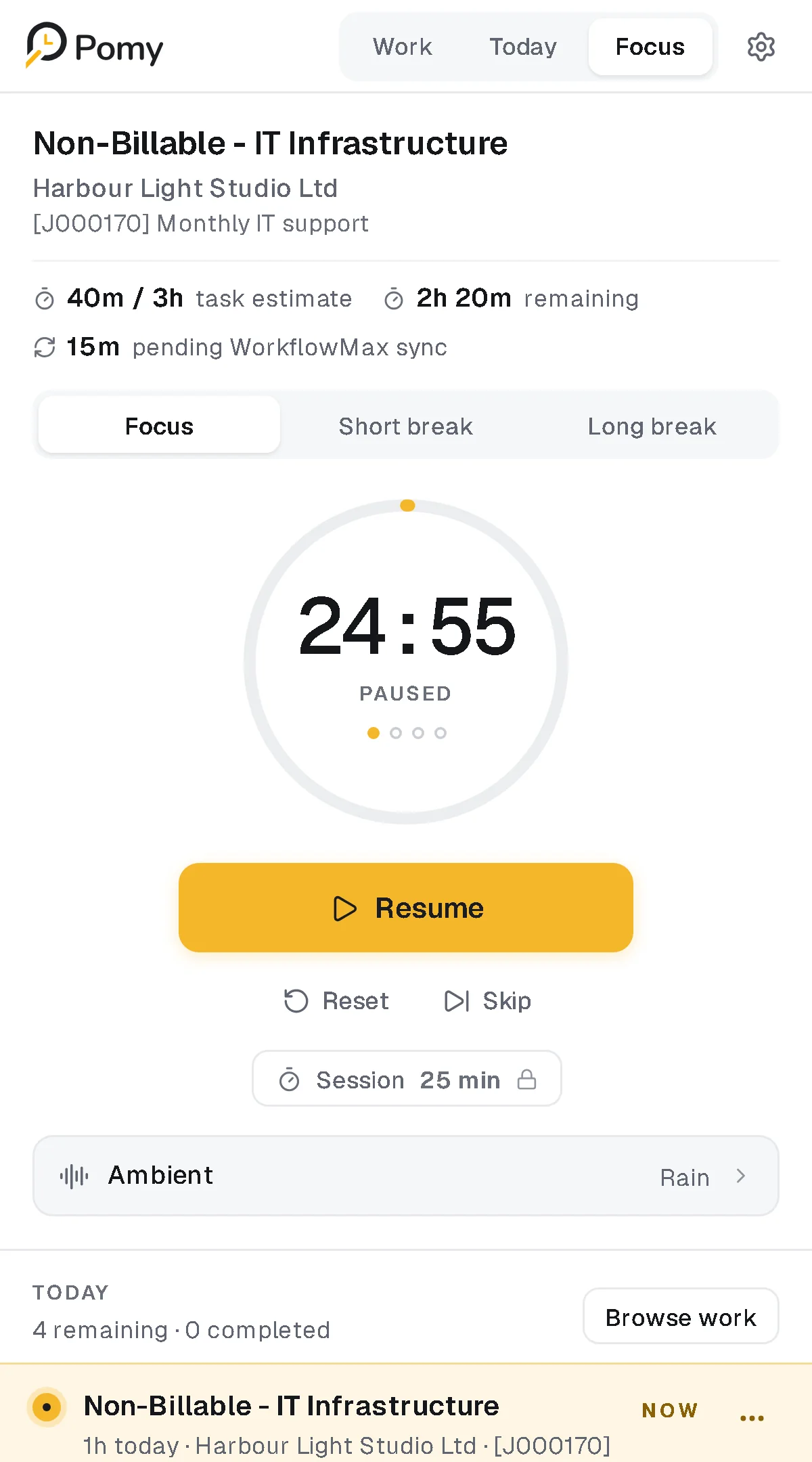 Pomy Focus screen with a paused session
