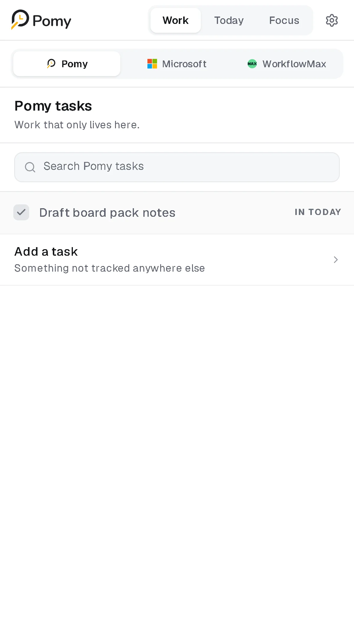 Pomy Work tab showing Pomy's own task list and Add a task