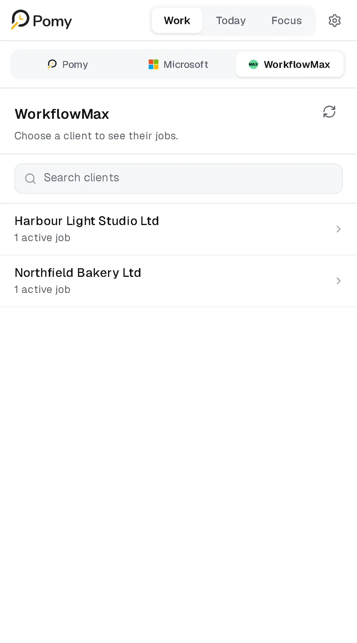 Pomy Work tab listing WorkflowMax clients with active job counts