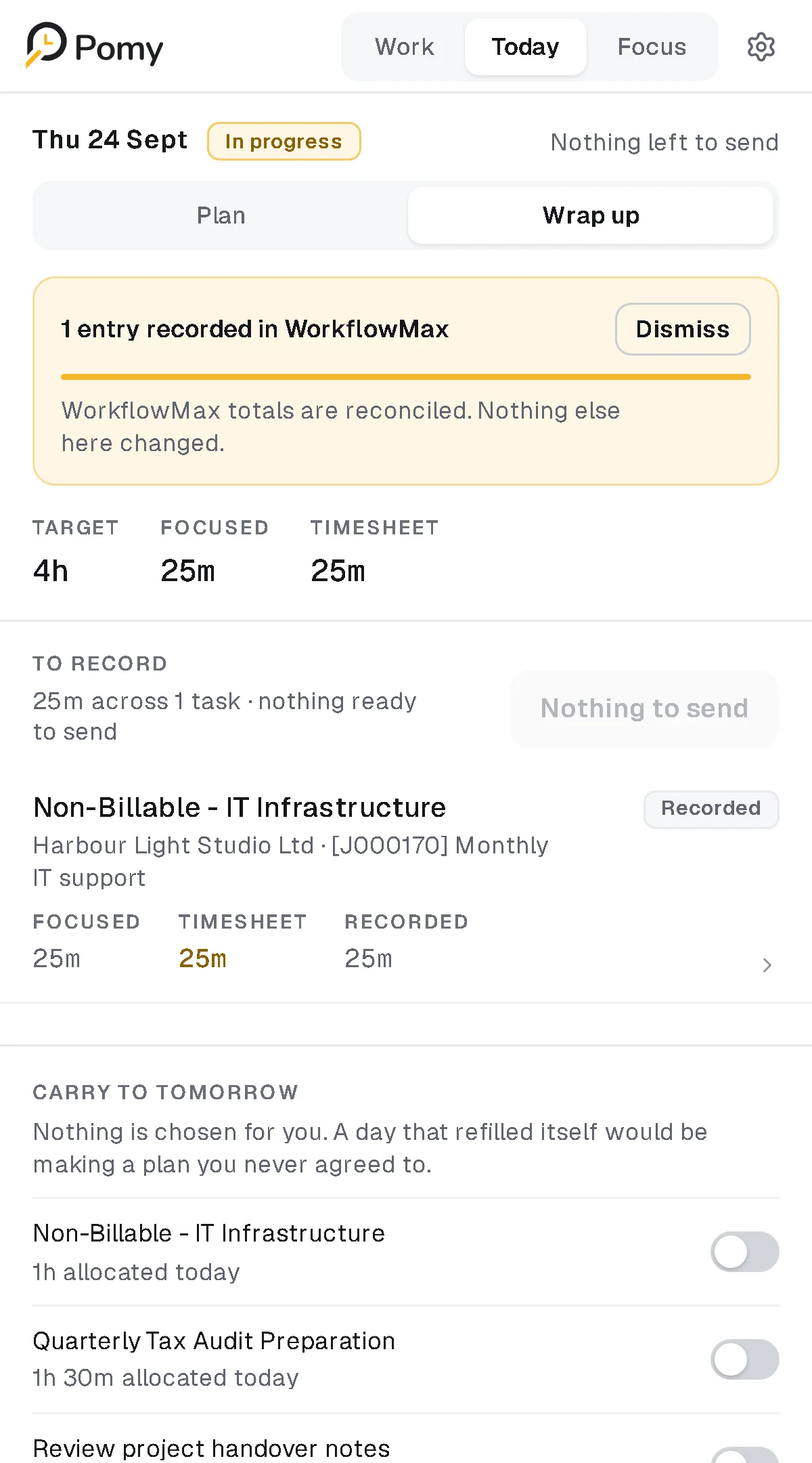 Pomy Wrap up after sending: 1 entry recorded in WorkflowMax, nothing left to send