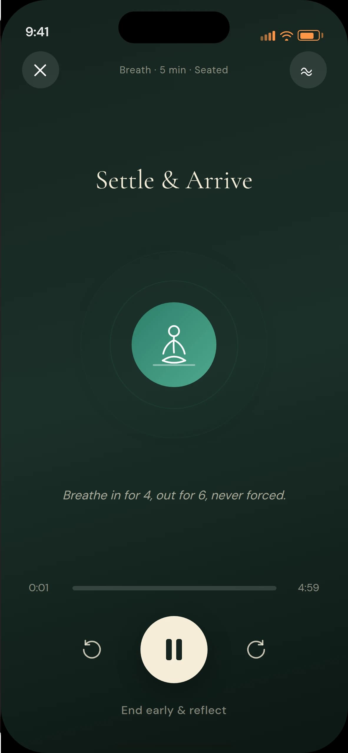 Sahaja practice player: Settle & Arrive playing, breath cue on screen