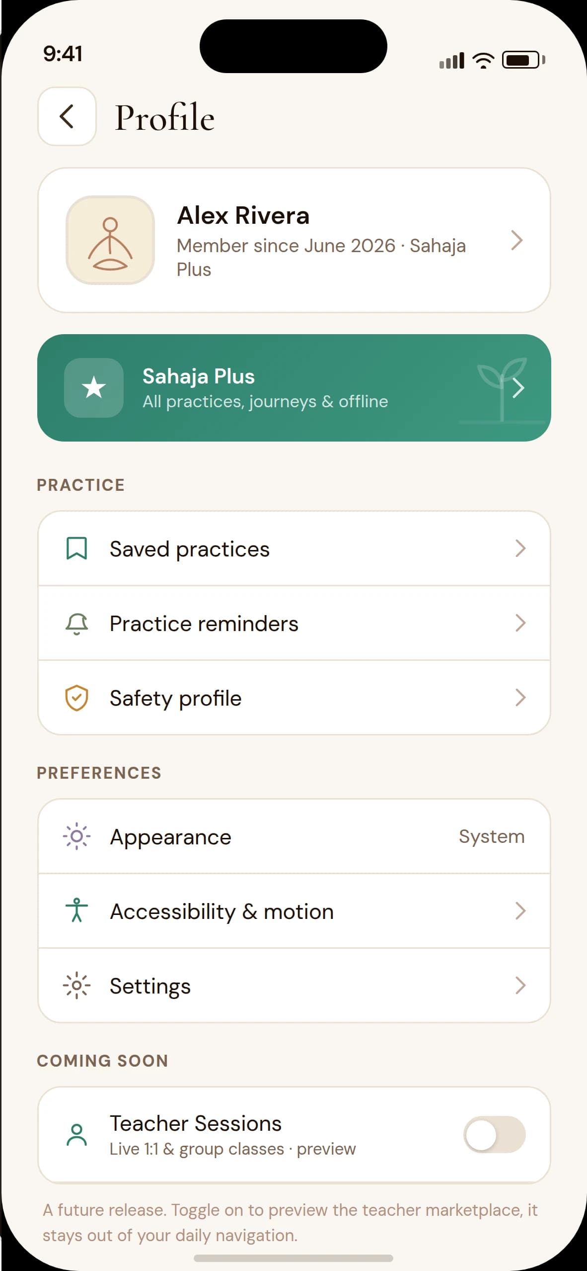 Sahaja Profile: Alex Rivera, Sahaja Plus, and a Teacher Sessions preview toggle switched off