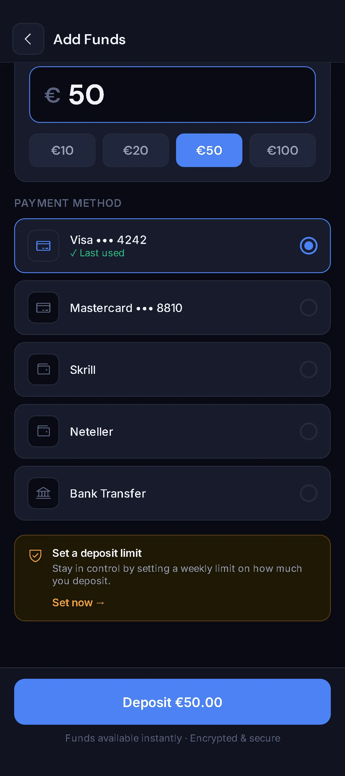 VantageBet Add Funds scrolled to the payment methods and the amber Set a deposit limit card