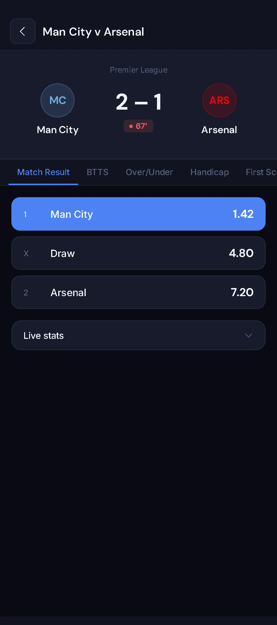 VantageBet event screen with Man City at 1.42 selected