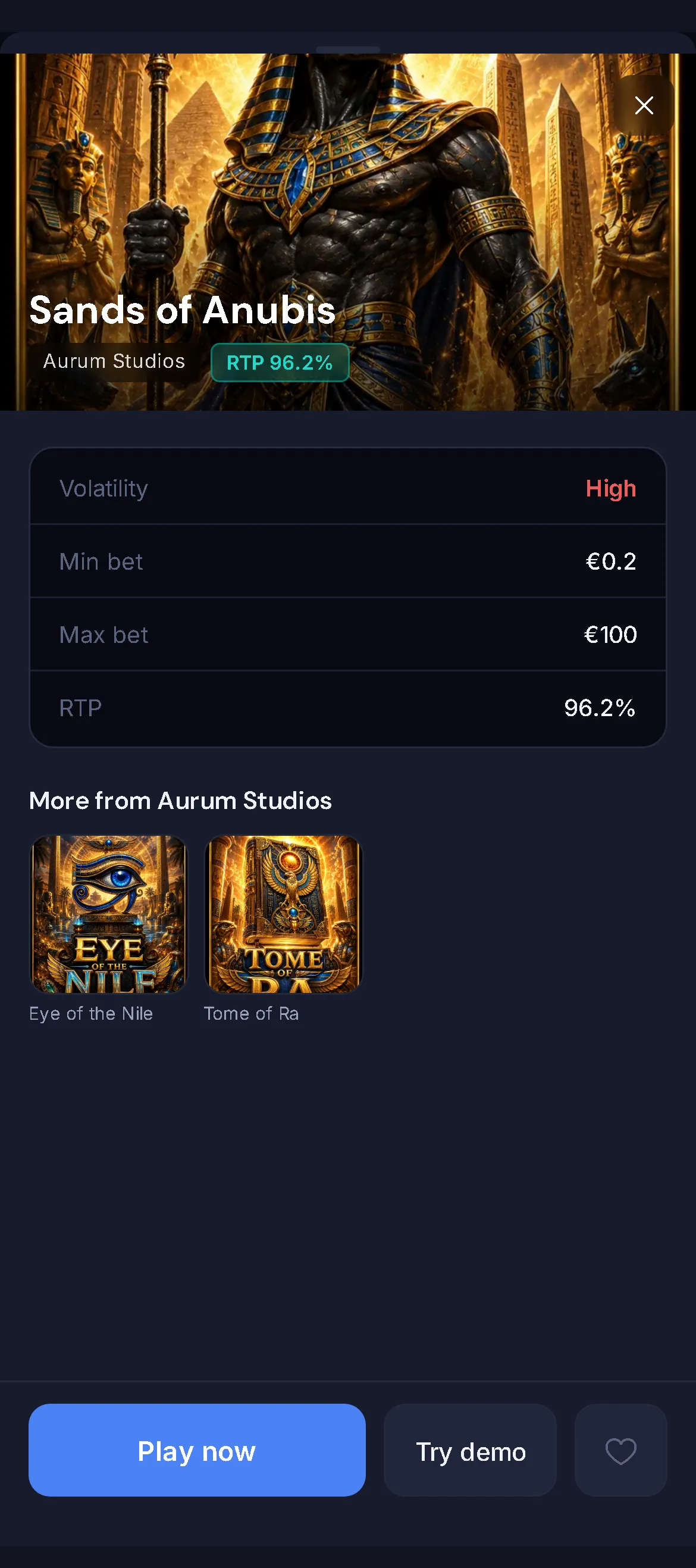 VantageBet game detail: Sands of Anubis with volatility, min and max bet, RTP and Play now