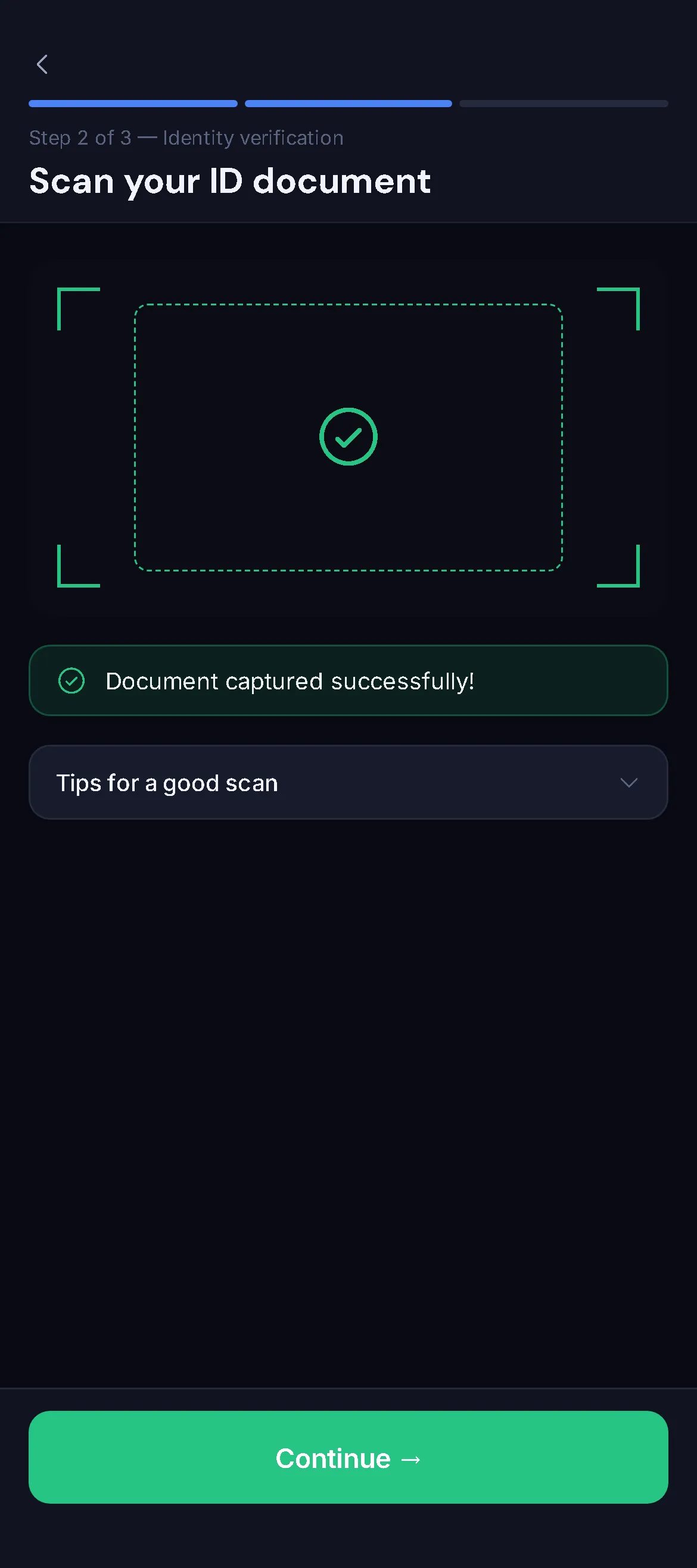 VantageBet ID scan, step 2 of 3: document captured successfully