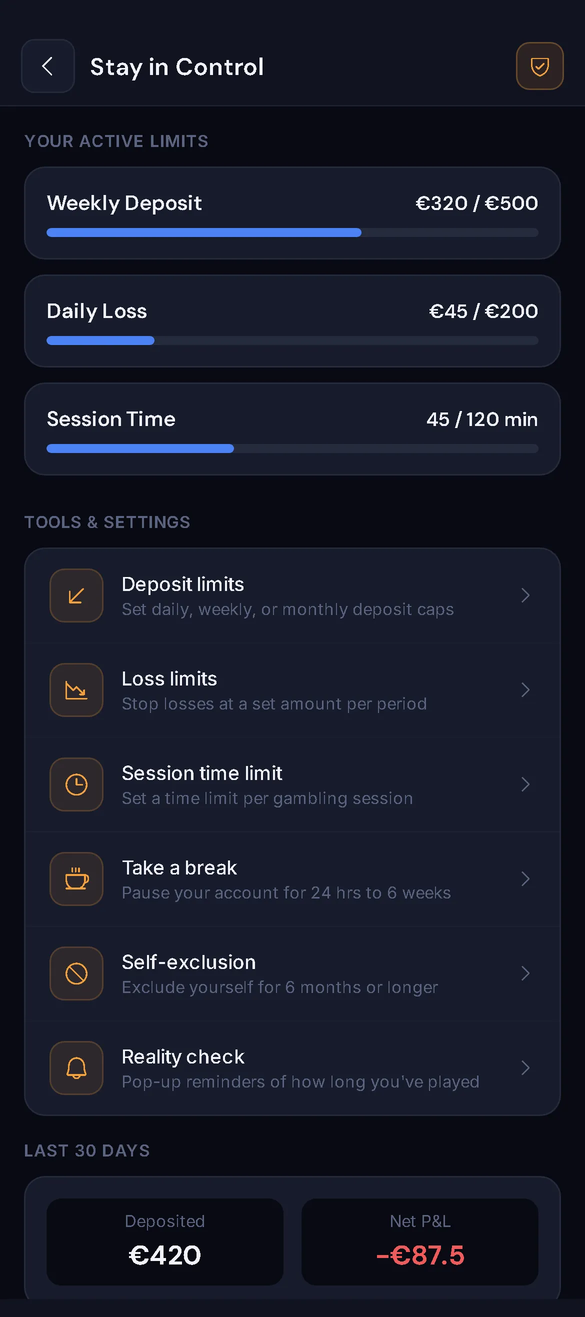 VantageBet Stay in Control in the dark theme