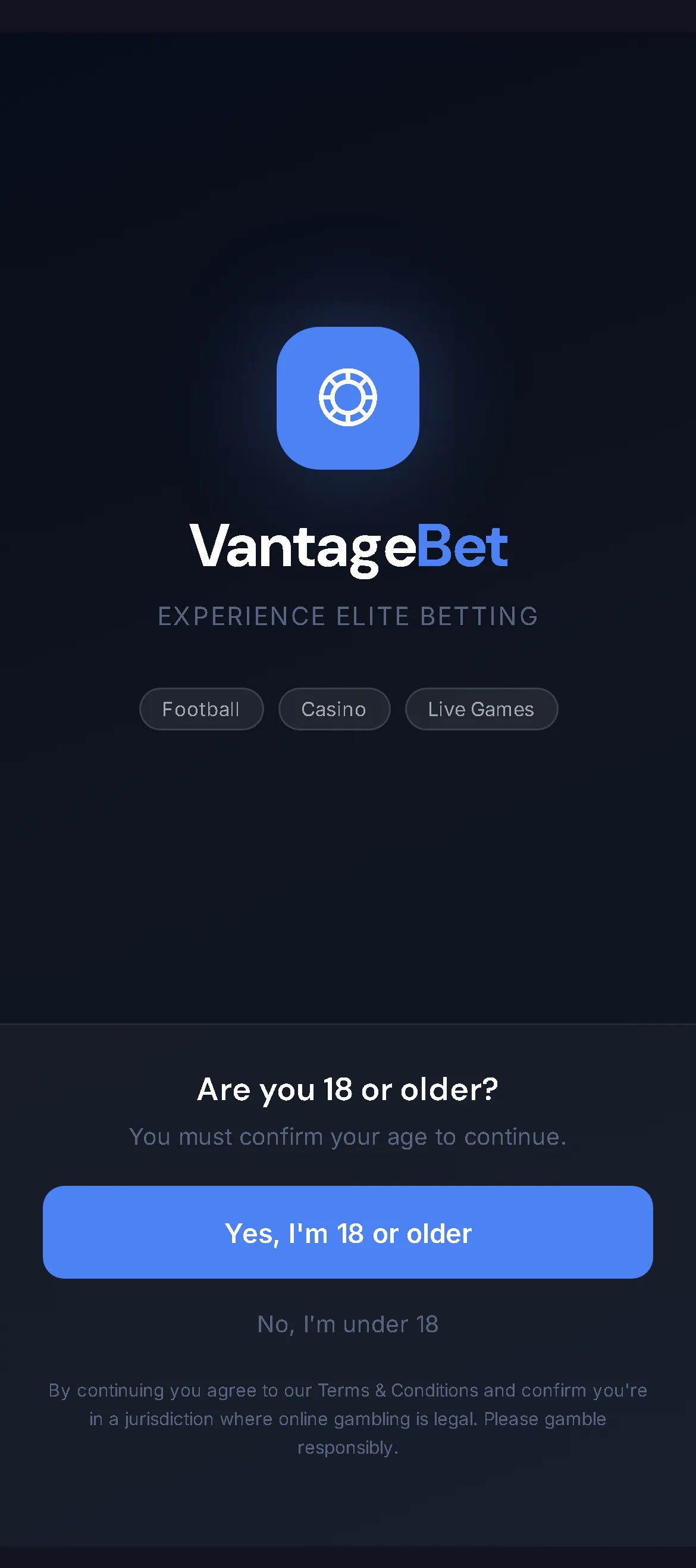 VantageBet splash with the age question: Are you 18 or older?