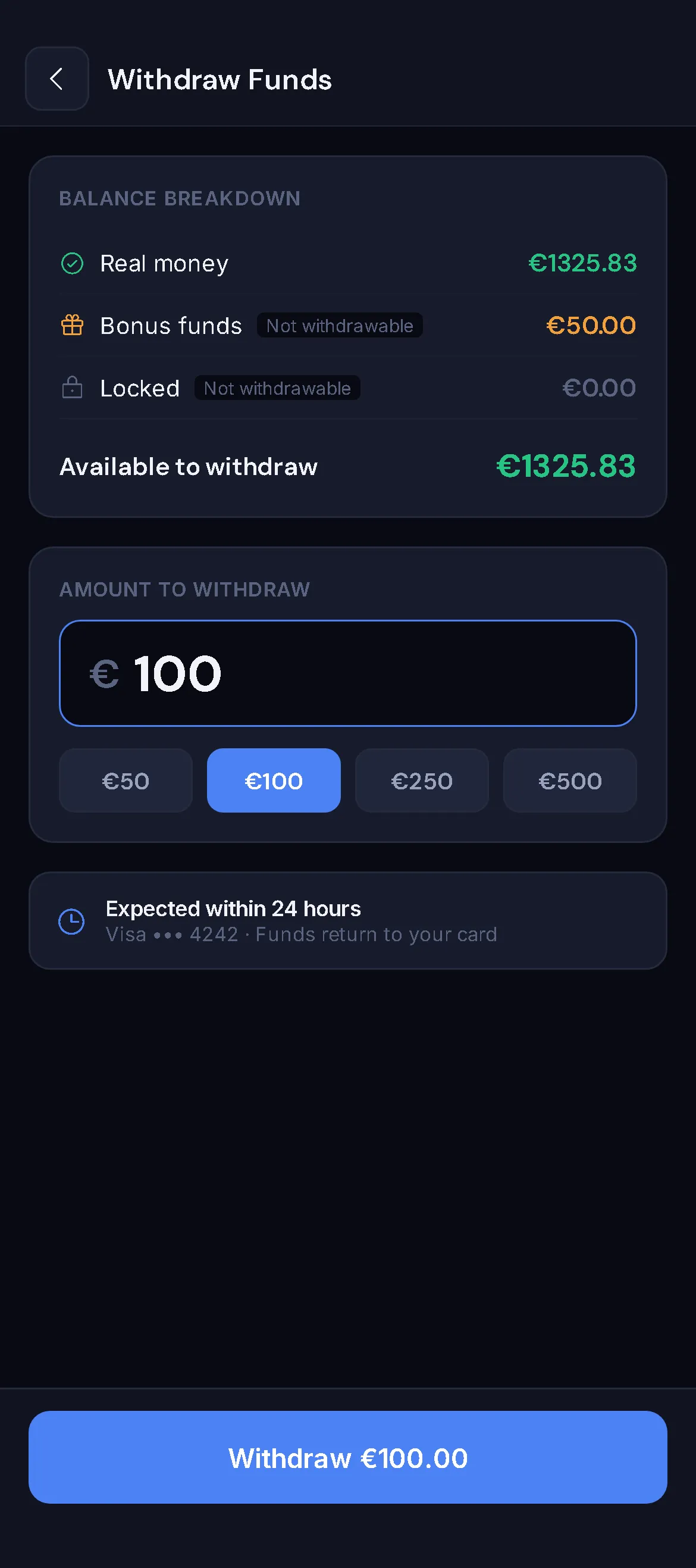 VantageBet Withdraw Funds: real money, bonus funds and locked balances, bonus and locked marked not withdrawable